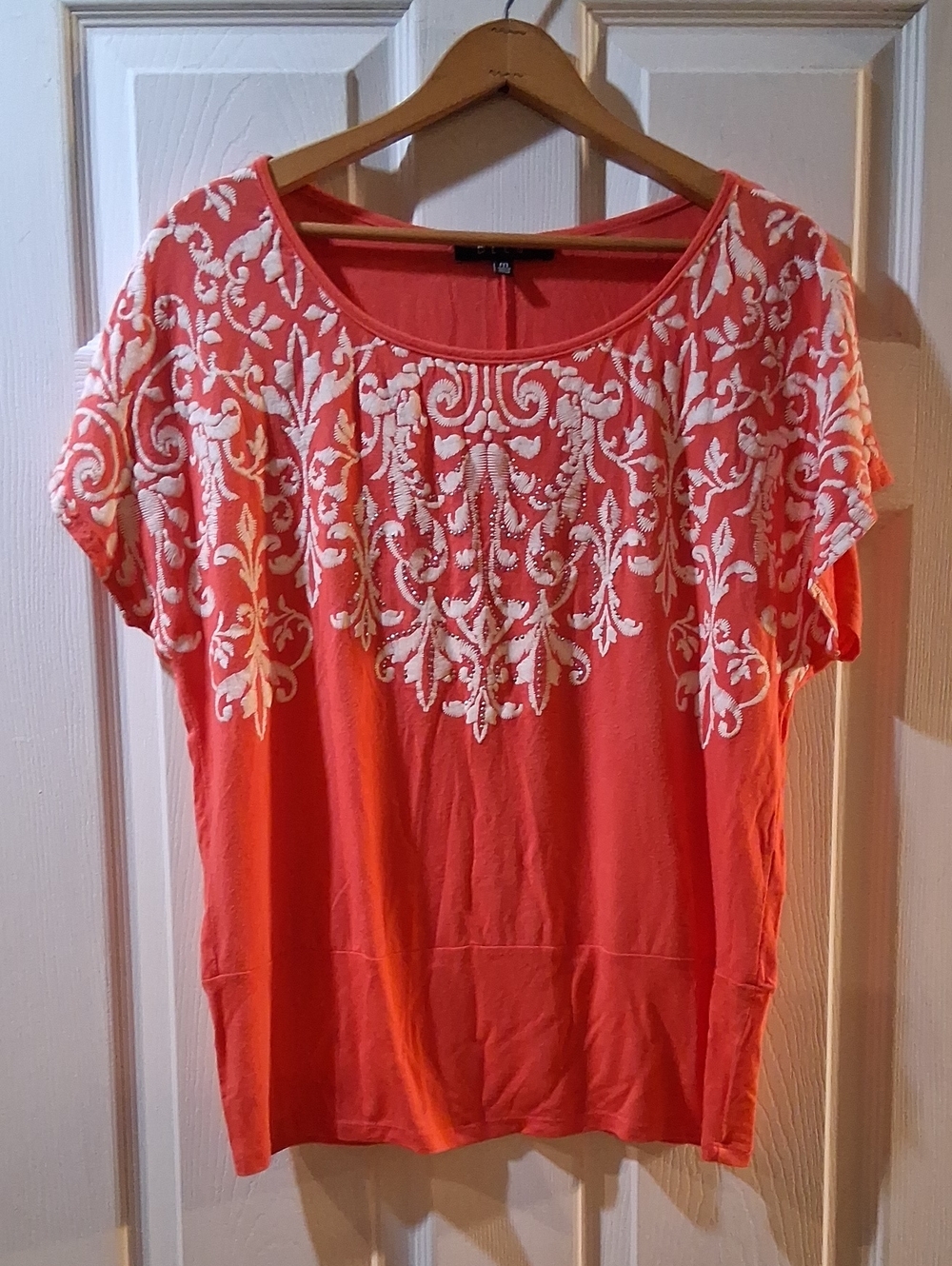 B.L.E.U. Coral Short-Sleeve Top w/ White Embroidery "Look" With Metallic Accents